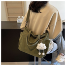 Bolsa Feminina Cotelê Coreana Grande Capacidade Ombro Transversal Casual com Pingente